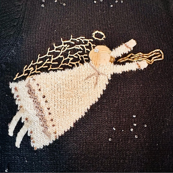 Vintage Carroll Reed Black Cardigan Angels Holiday Size Medium Cotton - Picture 8 of 10